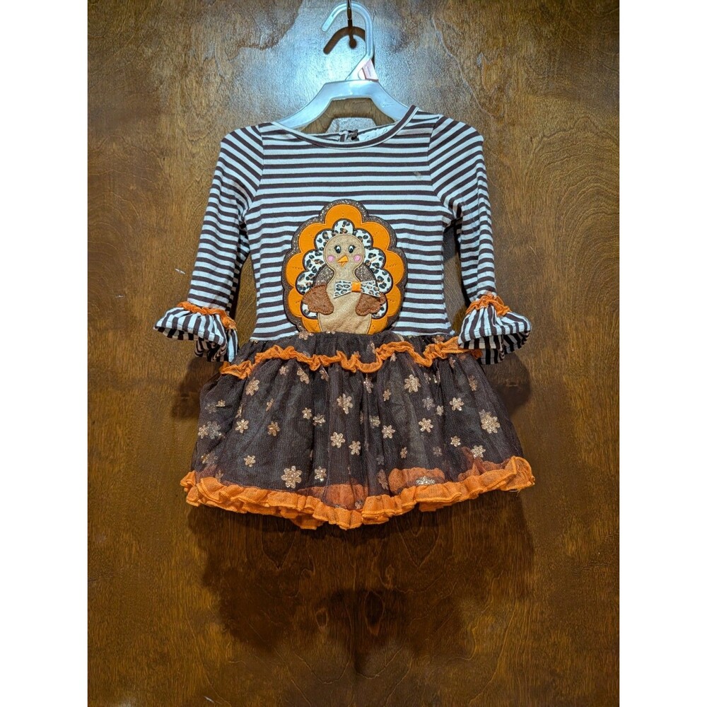 Emily Rose Girls Sz 2T Thanksgiving Turkey Applique Long Sleeve Tutu Dress